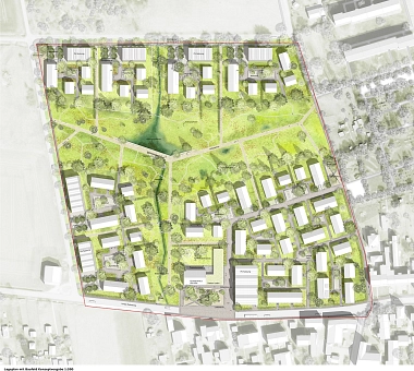 Ausschnitt des Lageplans zum Modellquartier Lange Rekesweg - Entwurf der Büros pape+pape, Thomas Schüler, plandrei