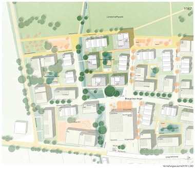 Ausschnitt des Lageplans zum Modellquartier Lange Rekesweg - Entwurf des Büros Querfeldeins aus Dresden
