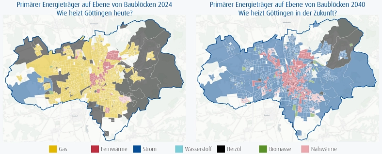 Entwicklung des primären Energieträgers auf Ebene der Baublöcke 2024 und 2040 Entwicklung des primären Energieträgers auf Ebene der Baublöcke 2024 und 2040 © Stadt Göttingen