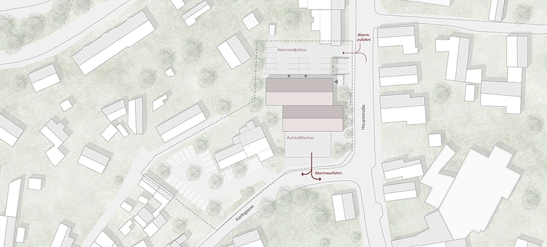 Plan für den Neubau der Freiwilligen Feuerwehr in Geismar&nbsp;&copy;&nbsp;Drei Architekten Streule Vogel Partnerschaft mbB, Stuttgart  / H2R Ingenieure PartGmbB, Bad Breisig  / G-TEC Ingenieure GmbH , Siegen