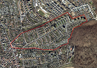 Roter Rahmen markiert auf geografischer Karte die Abgrenzung des Quartiers Mittelberg