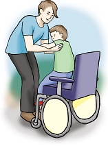 Vater hebt Sohn in den Rollstuhl. Vater hebt Sohn in den Rollstuhl. © Lisi GmbH Textwerkstatt Köln