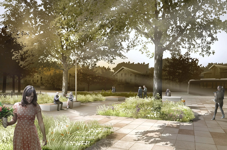 Visualisierung: Aufenthaltsbereich im Umfeld der Stadthalle